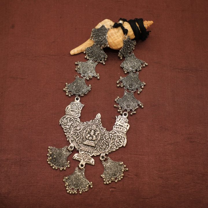 Handcrafted “Morya” Pendant Oxidized German Silver Necklace (Opera Length)