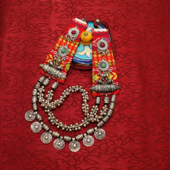 Handcrafted “Shafaq” Woven Fabric Necklace With Oxidized Decoration (Opera Length)